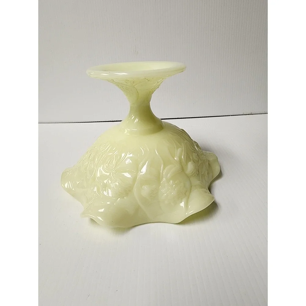 Vintage Fenton Yellow  Water Lilly Scalloped Edge Compote on Pedestal